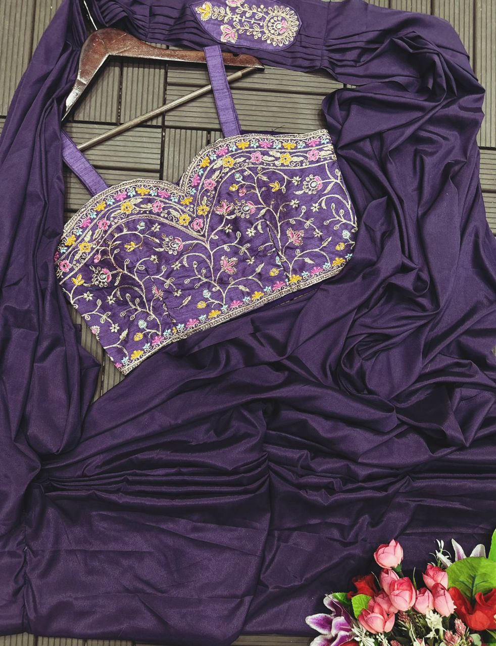 "Elegant Satin Embroidered Saree with Jalpari Jacket and Embroidery Belt"