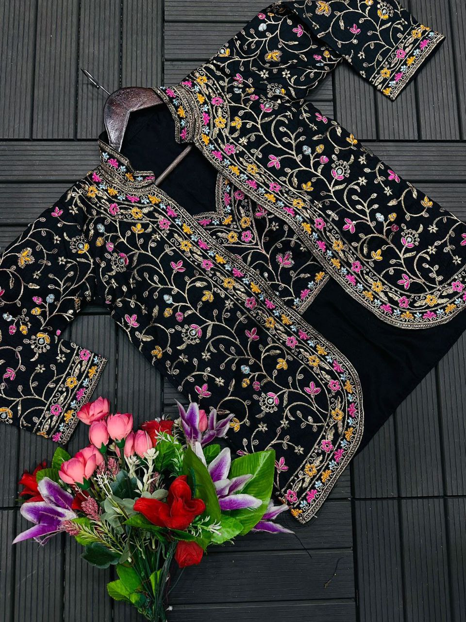 "Elegant Satin Embroidered Saree with Jalpari Jacket and Embroidery Belt"