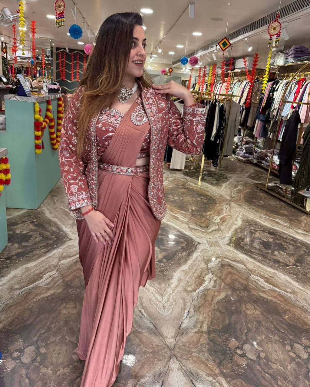 "Elegant Satin Embroidered Saree with Jalpari Jacket and Embroidery Belt"