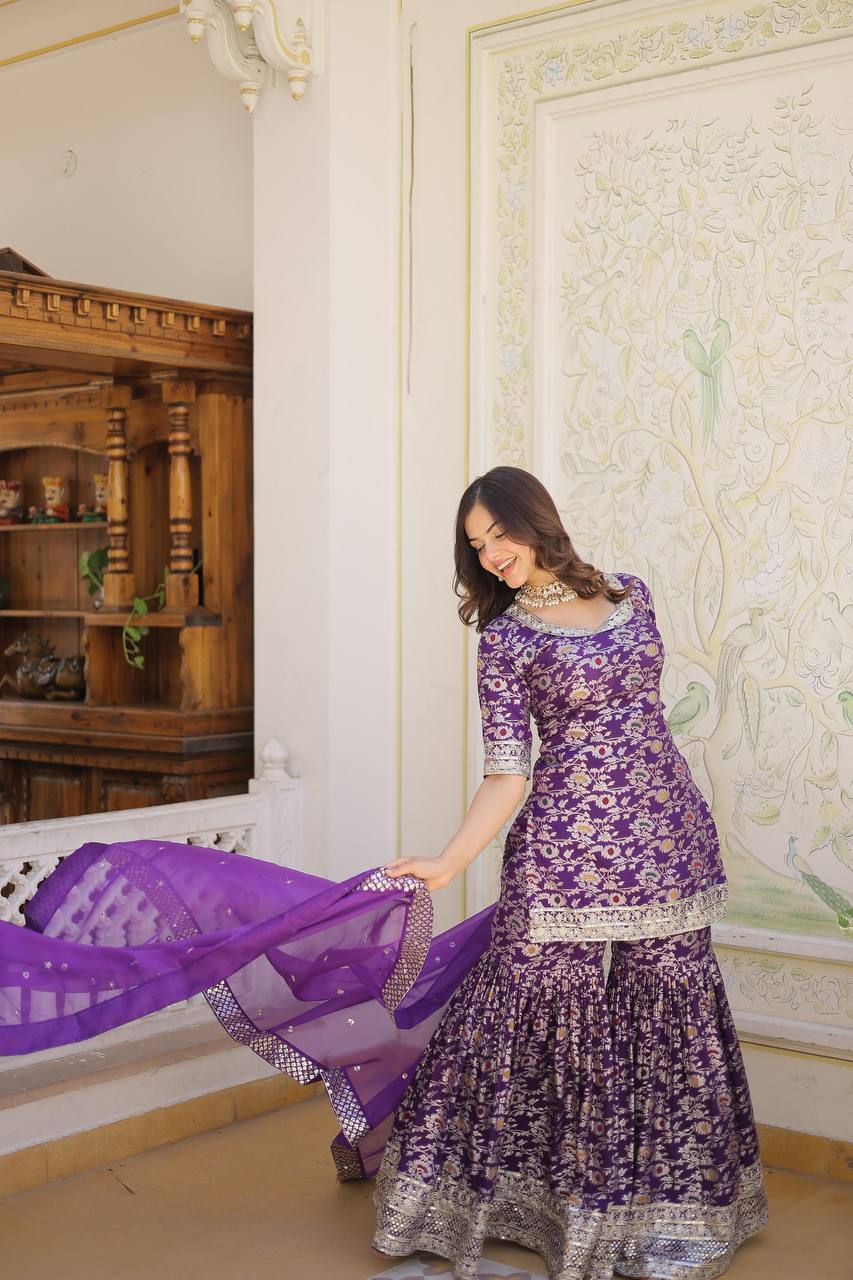 Designer Gharara Set with Sequins & Zari Embroidery – Viscose Jacquard Collection
