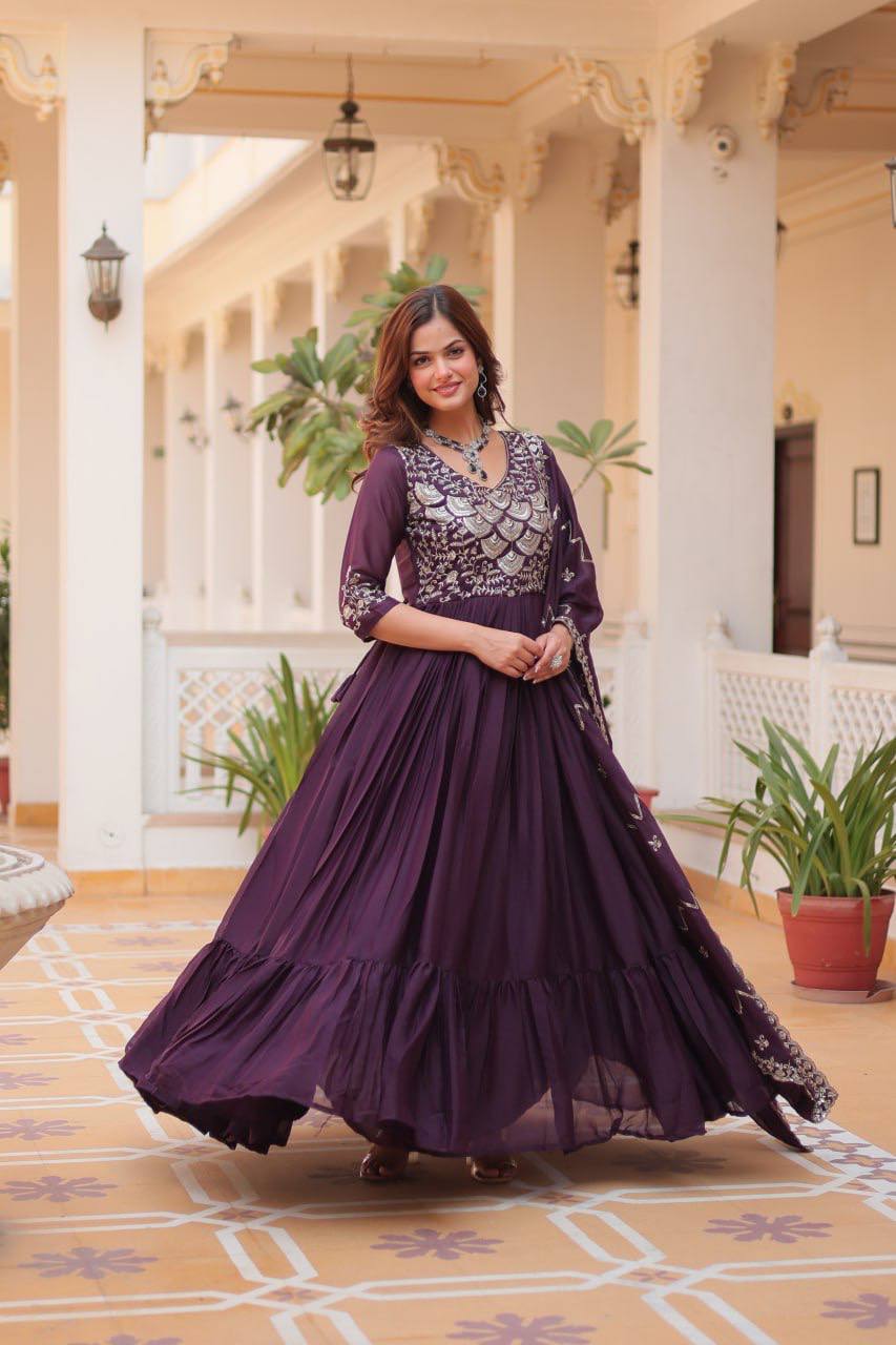 Pure Star Georgette Gown with Heavy Sequence Embroidery and Matching Dupatta
