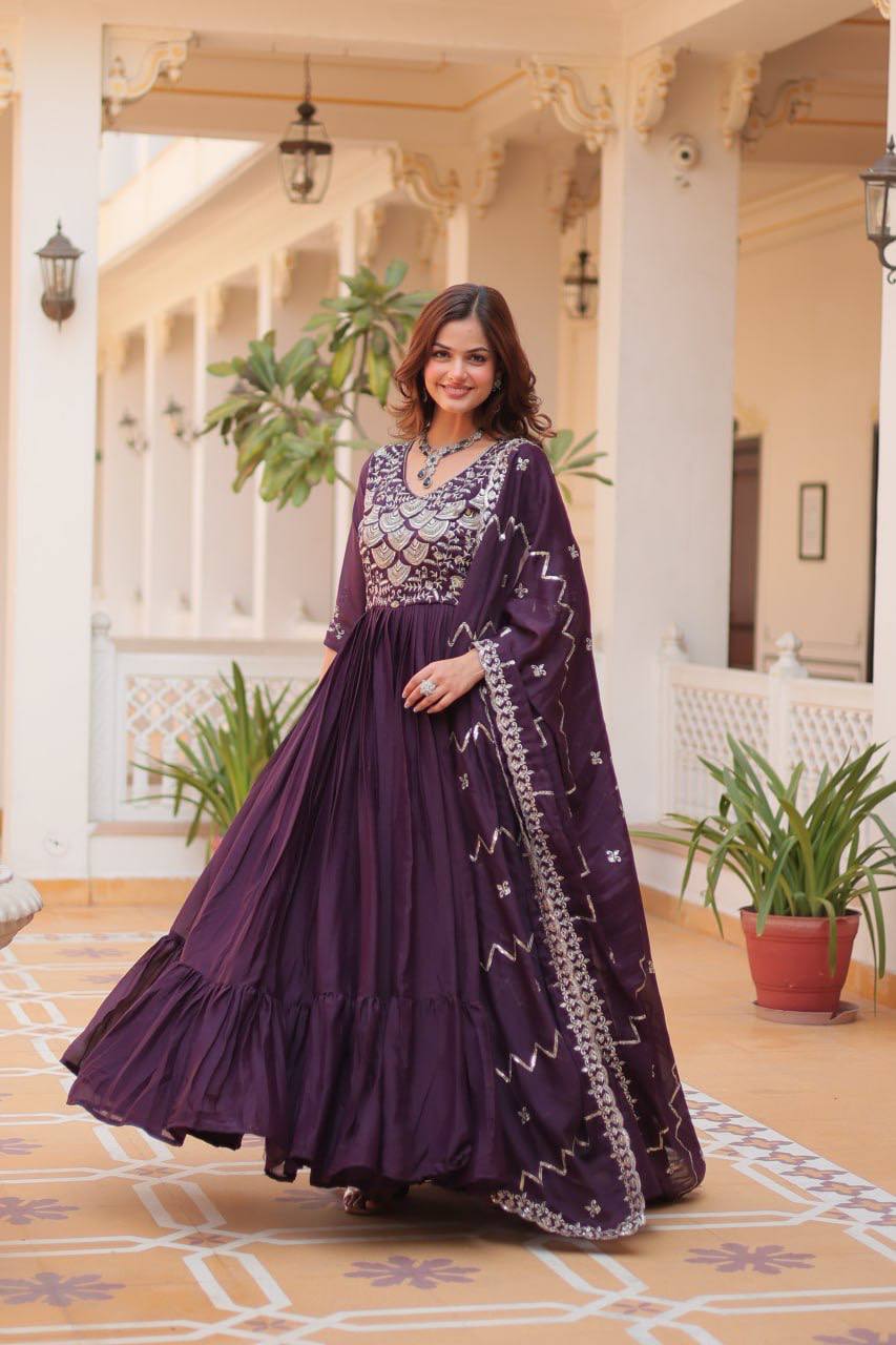 Pure Star Georgette Gown with Heavy Sequence Embroidery and Matching Dupatta