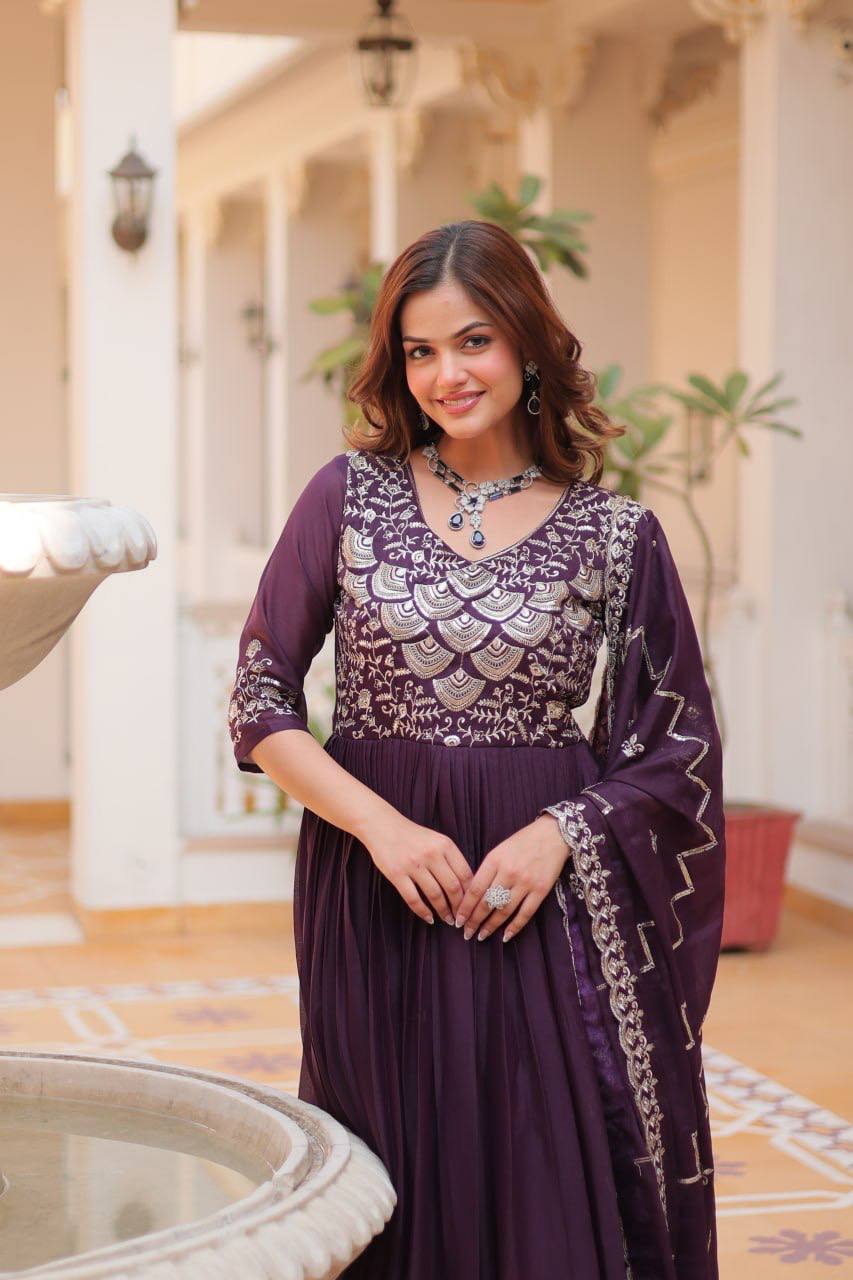 Pure Star Georgette Gown with Heavy Sequence Embroidery and Matching Dupatta