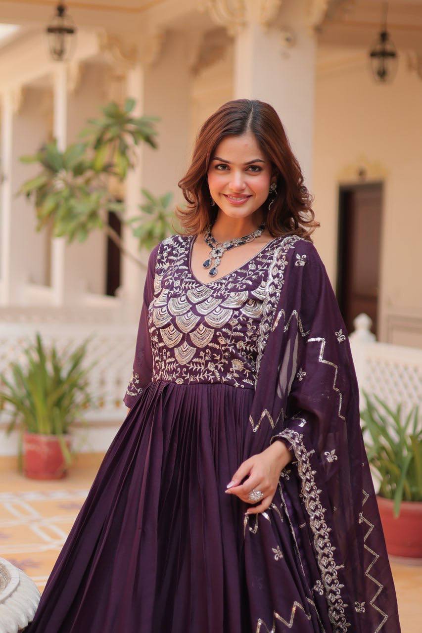 Pure Star Georgette Gown with Heavy Sequence Embroidery and Matching Dupatta