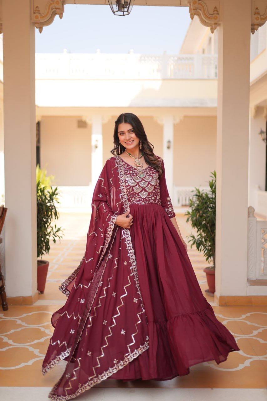 Pure Star Georgette Gown with Heavy Sequence Embroidery and Matching Dupatta
