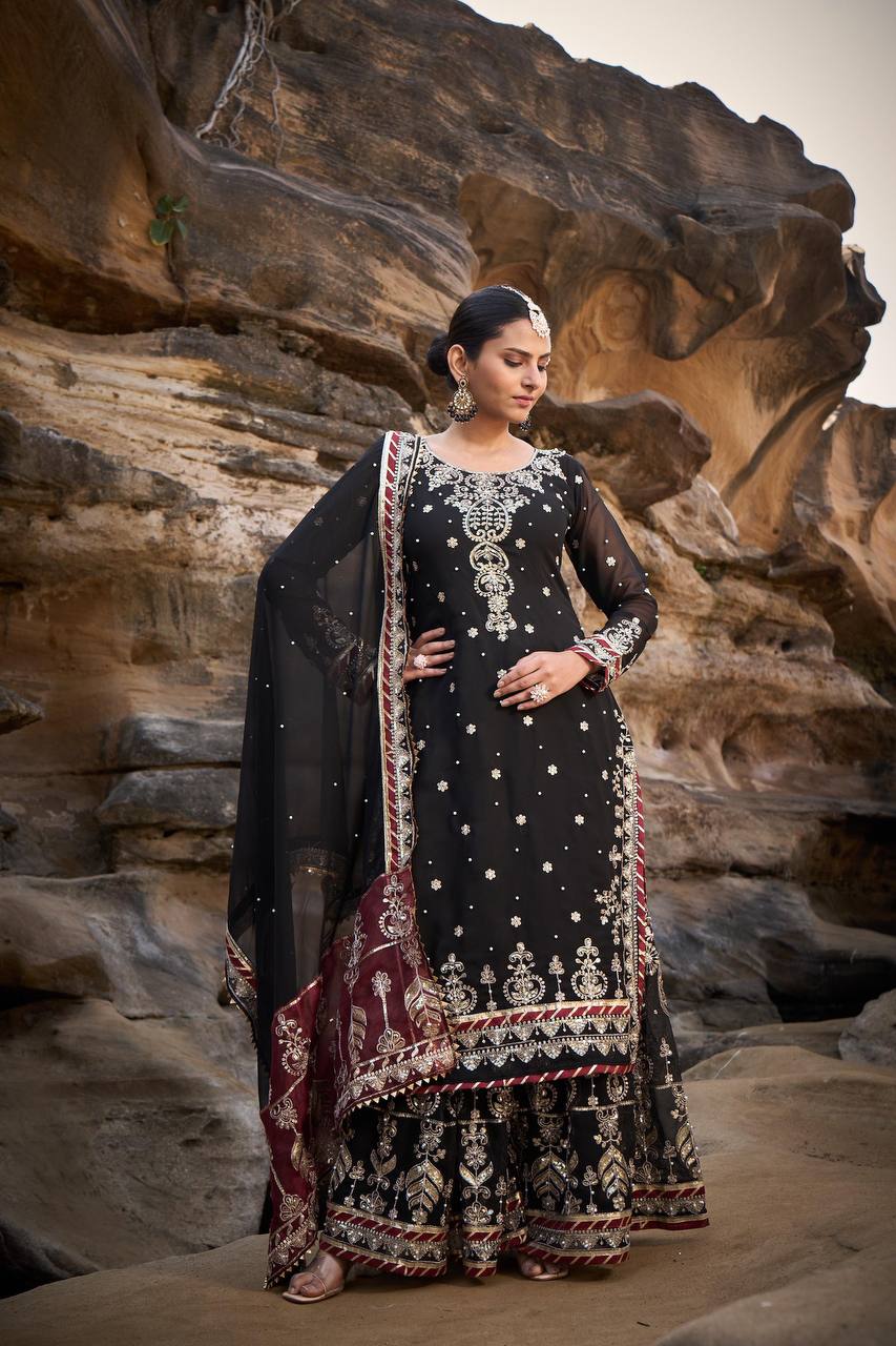 "Elegant Foux Gorgette Sharara Set with Intricate Thread and Sequence Work"