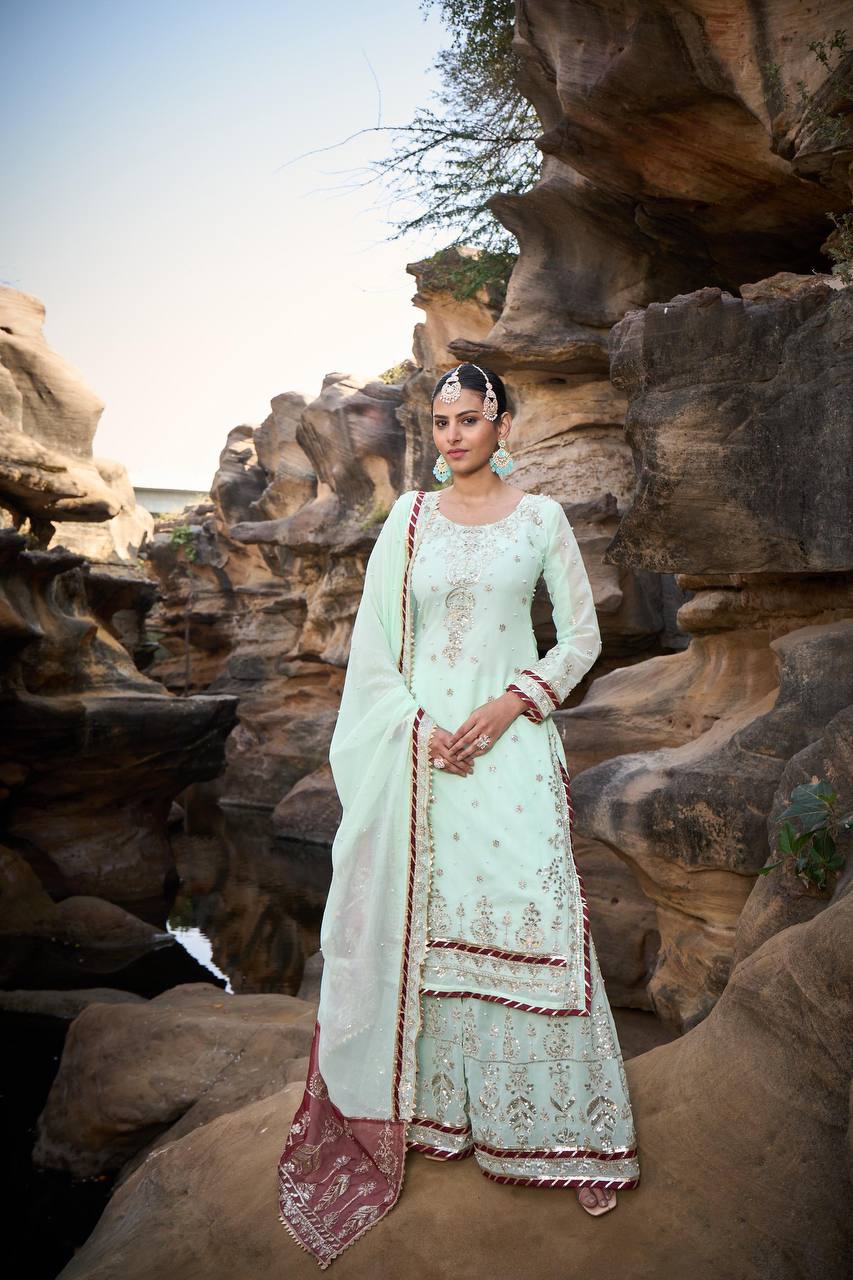 "Elegant Foux Gorgette Sharara Set with Intricate Thread and Sequence Work"