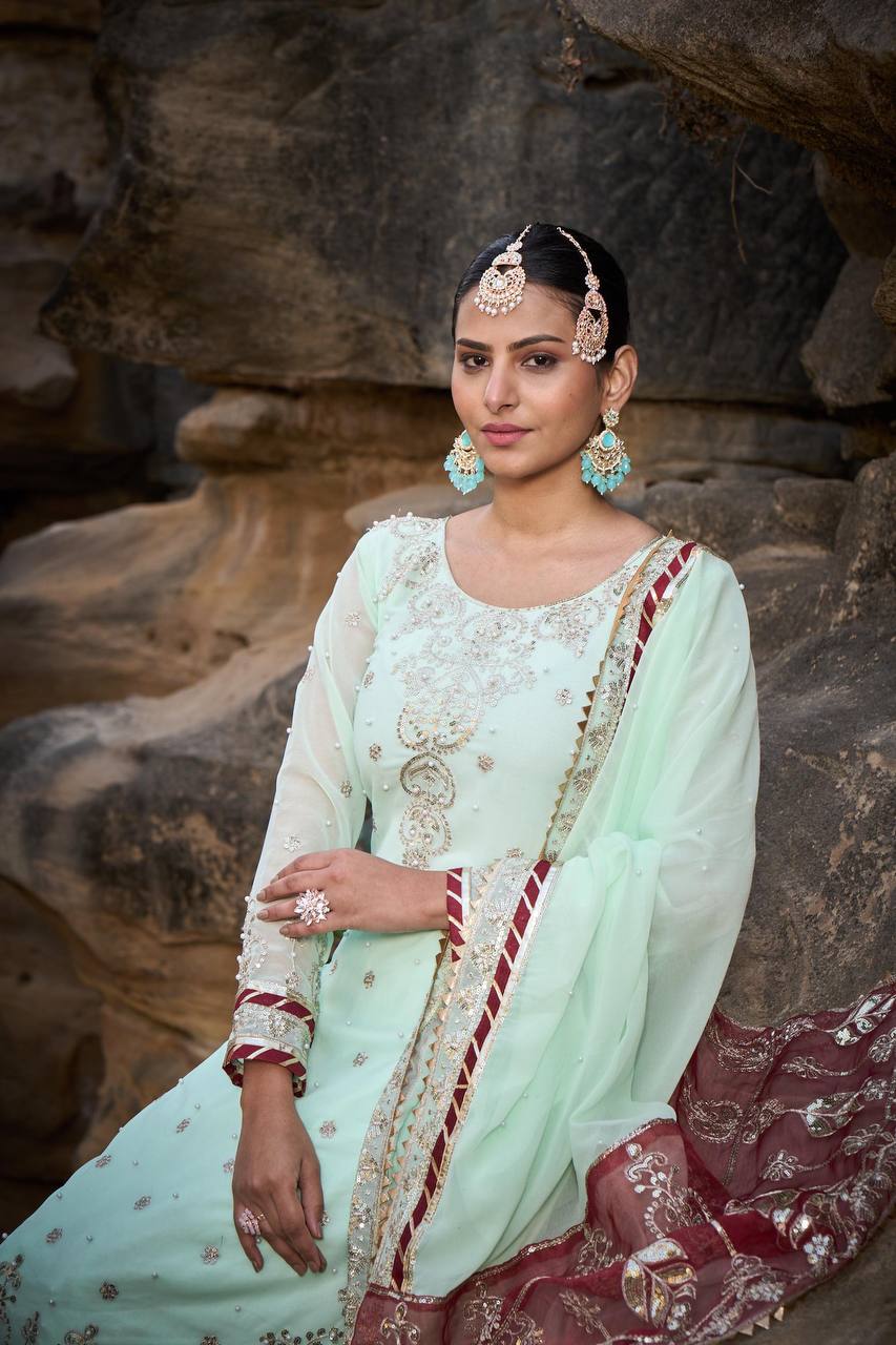 "Elegant Foux Gorgette Sharara Set with Intricate Thread and Sequence Work"