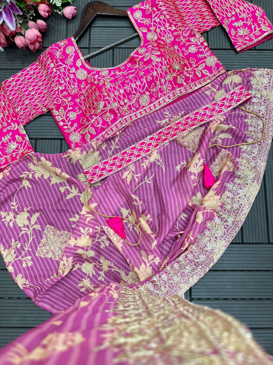 "Beautifully Embroidered Apple Organza Saree with Jalpari Blouse & Belt"