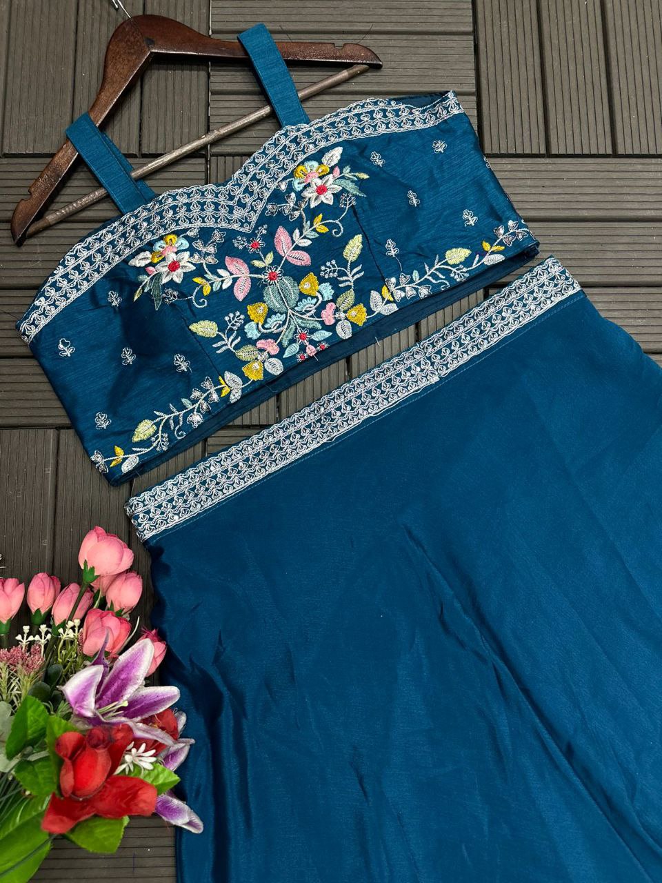 "Elegant Chinon Lehenga Set with Fully Stitched Jacket & Embroidered Blouse"