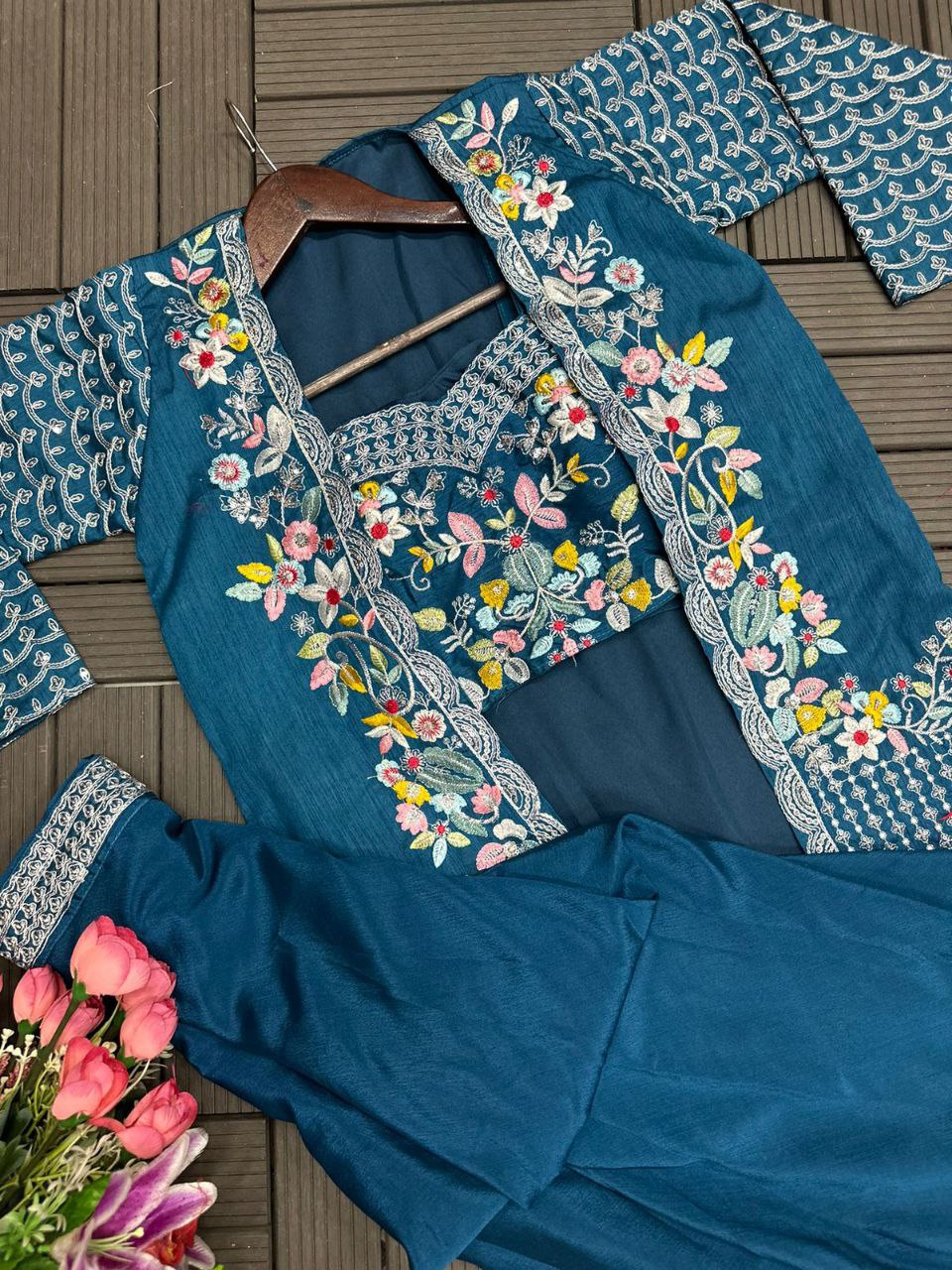 "Elegant Chinon Lehenga Set with Fully Stitched Jacket & Embroidered Blouse"