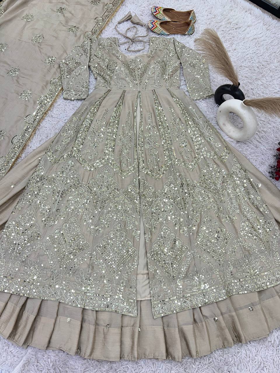 Elegant Pure Chinnon Silk Lehenga Set with Embroidered Top and Dupatta