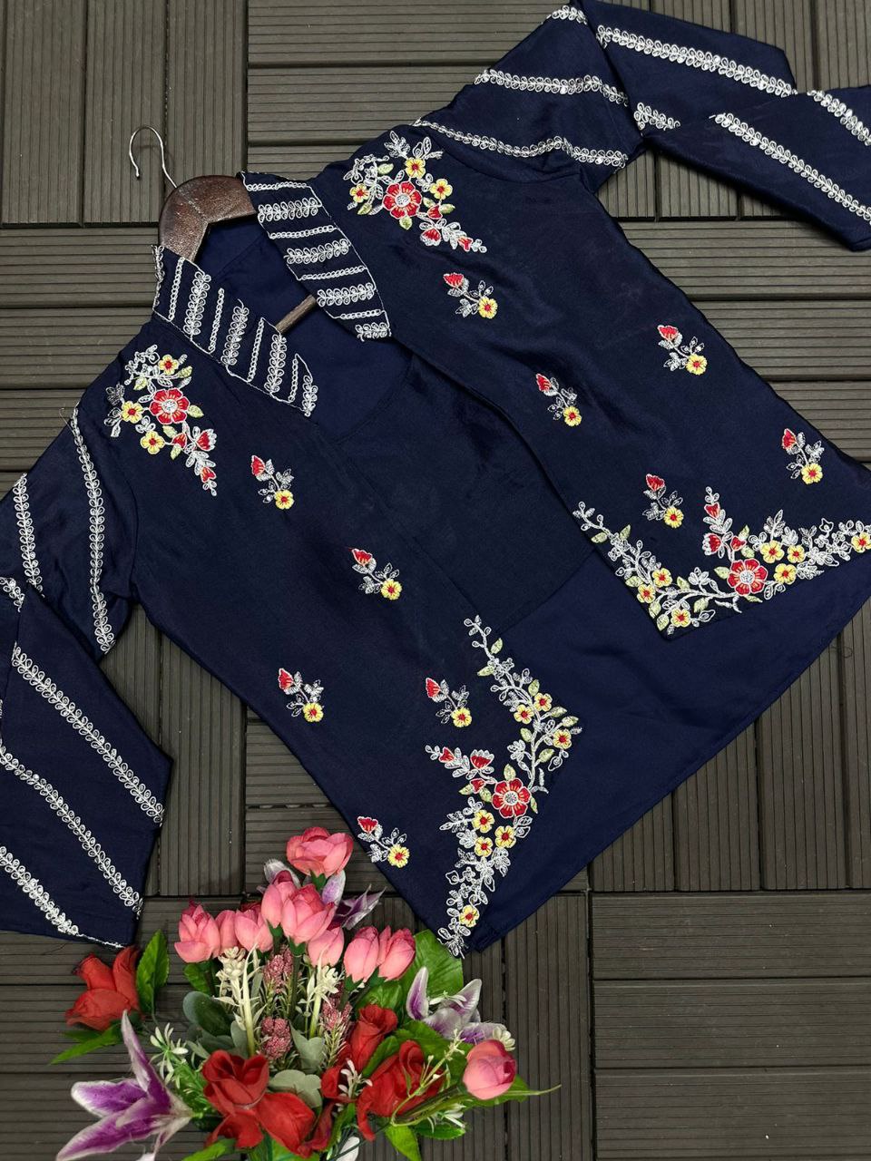 "Elegant Chinon Palazzo & Koti Set with Embroidered Blouse "