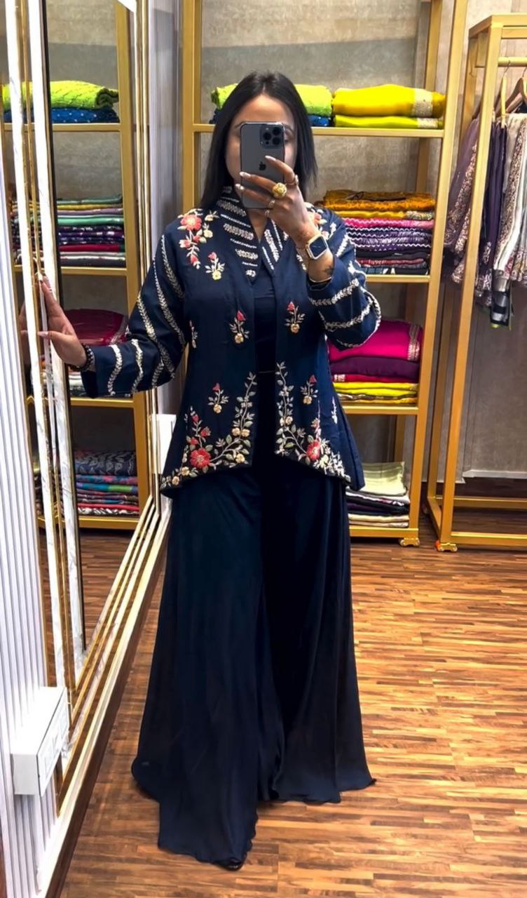 "Elegant Chinon Palazzo & Koti Set with Embroidered Blouse "