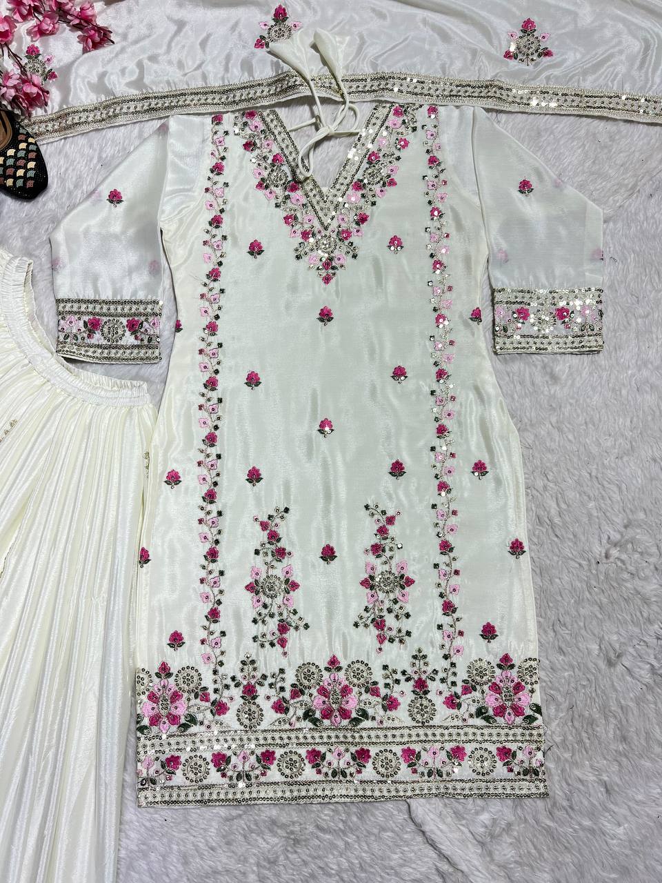 Pure Heavy Chinnon Silk Embroidered Top, Plazzo & Dupatta Set