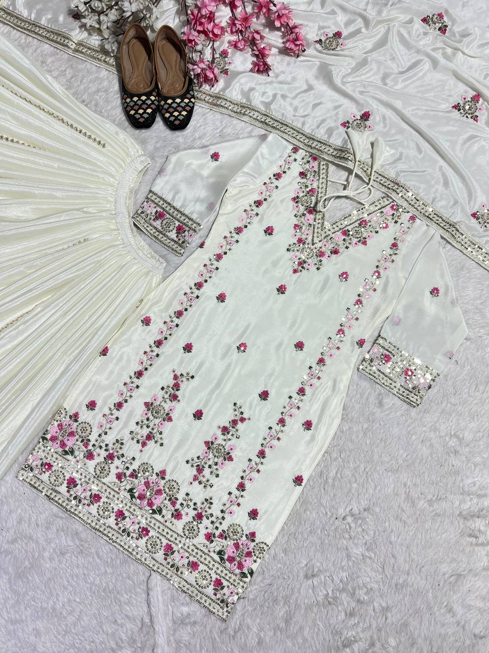 Pure Heavy Chinnon Silk Embroidered Top, Plazzo & Dupatta Set