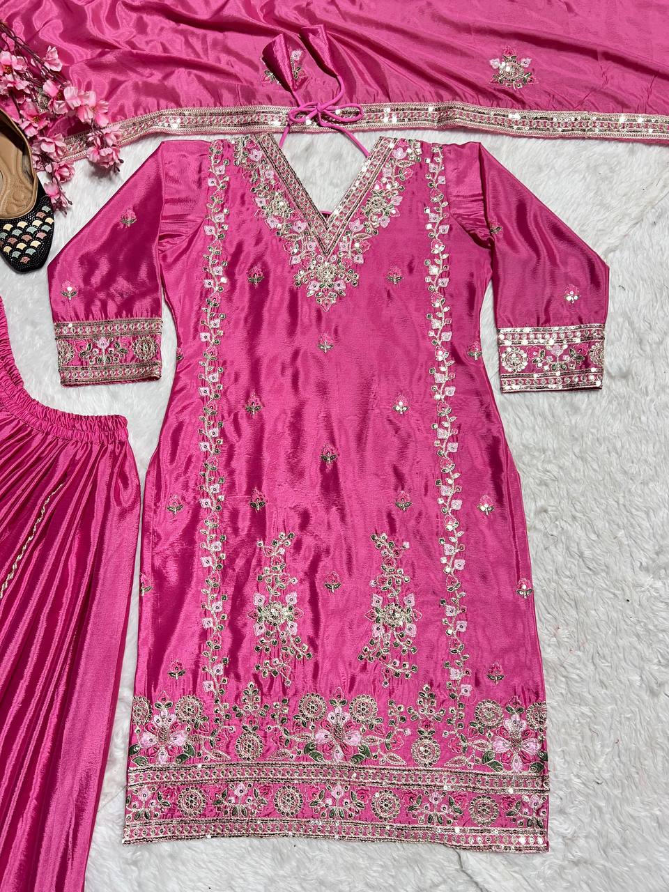 Pure Heavy Chinnon Silk Embroidered Top, Plazzo & Dupatta Set
