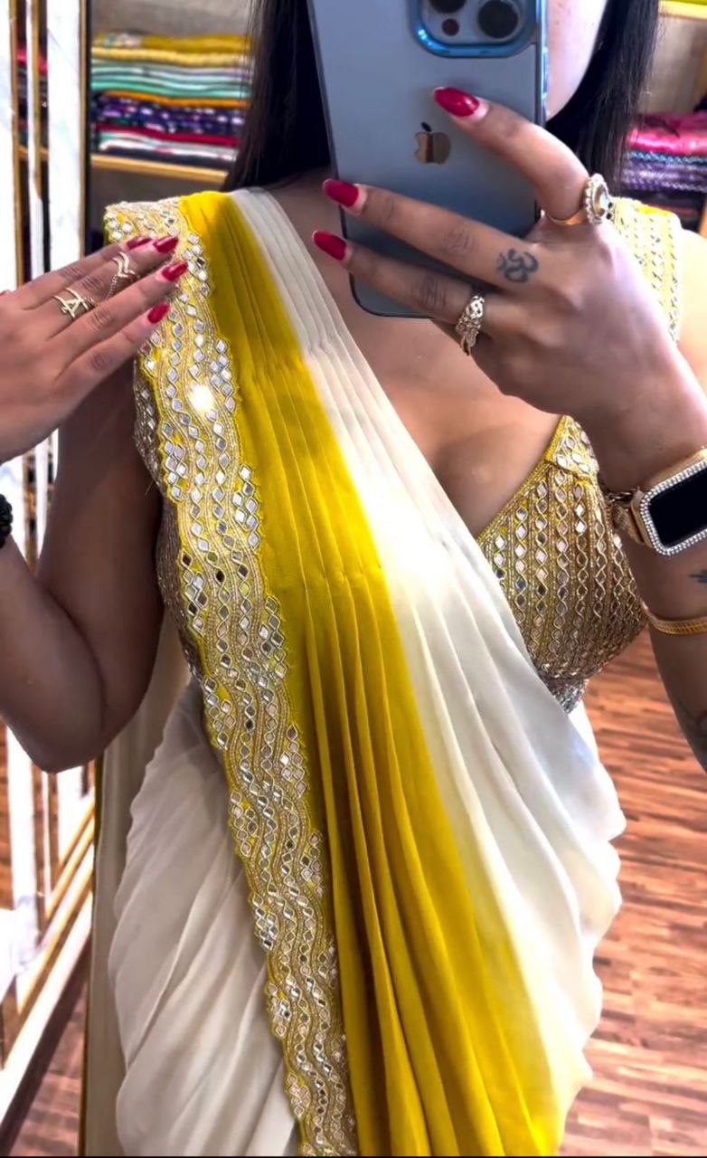 "Elegant Heavy Chinon Saree with Mirror Embroidery and Digital Print"