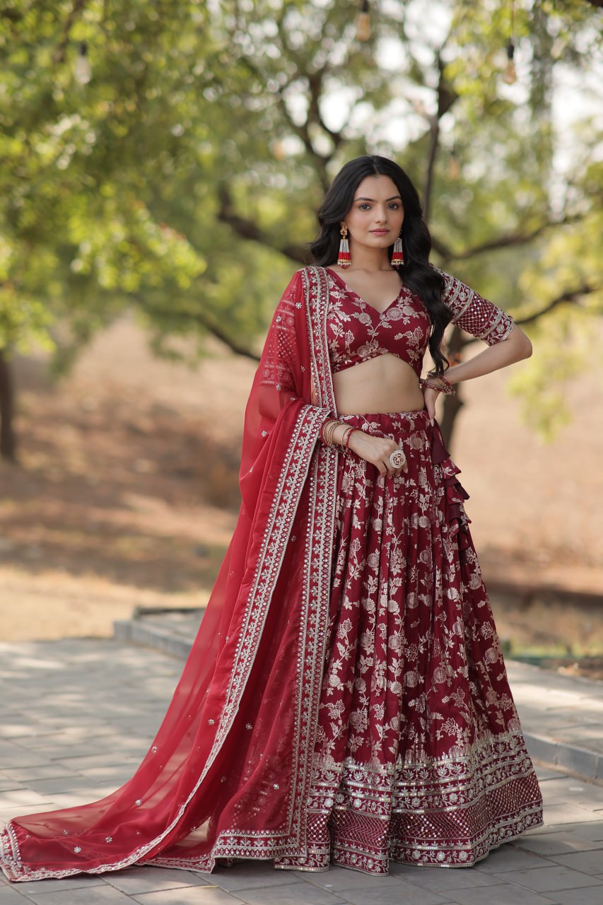 Pure Dyable Viscose Jacquard with Embroidered Sequins Work Blouse with Lehenga