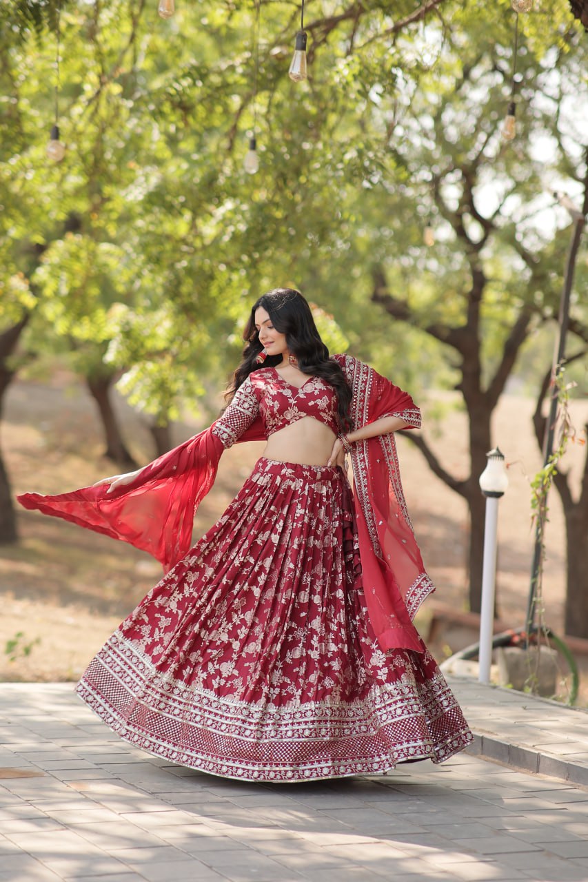 Pure Dyable Viscose Jacquard with Embroidered Sequins Work Blouse with Lehenga