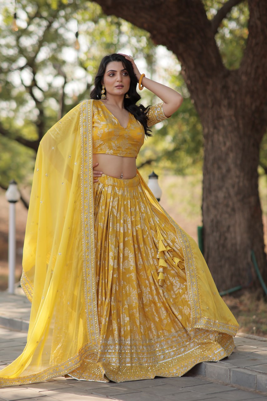 Pure Dyable Viscose Jacquard with Embroidered Sequins Work Blouse with Lehenga