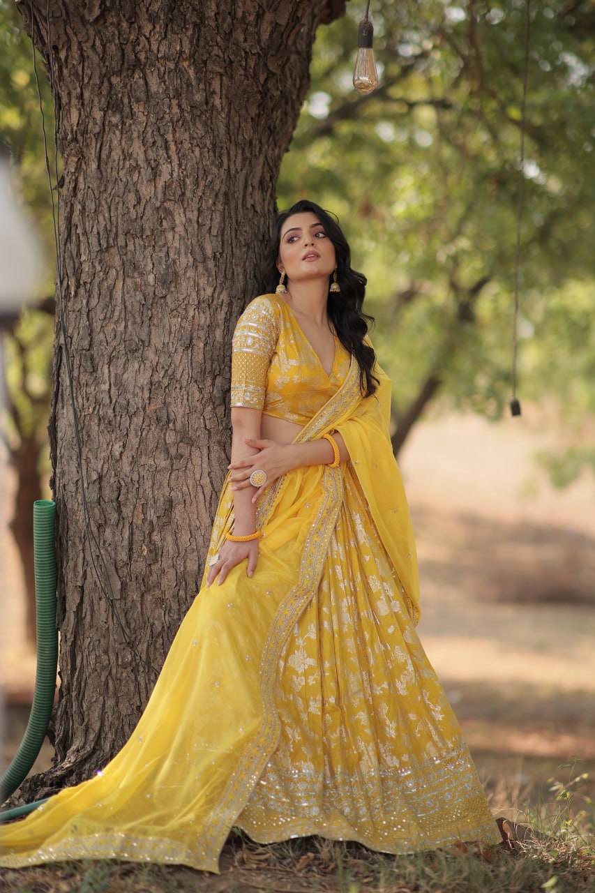 Pure Dyable Viscose Jacquard with Embroidered Sequins Work Blouse with Lehenga