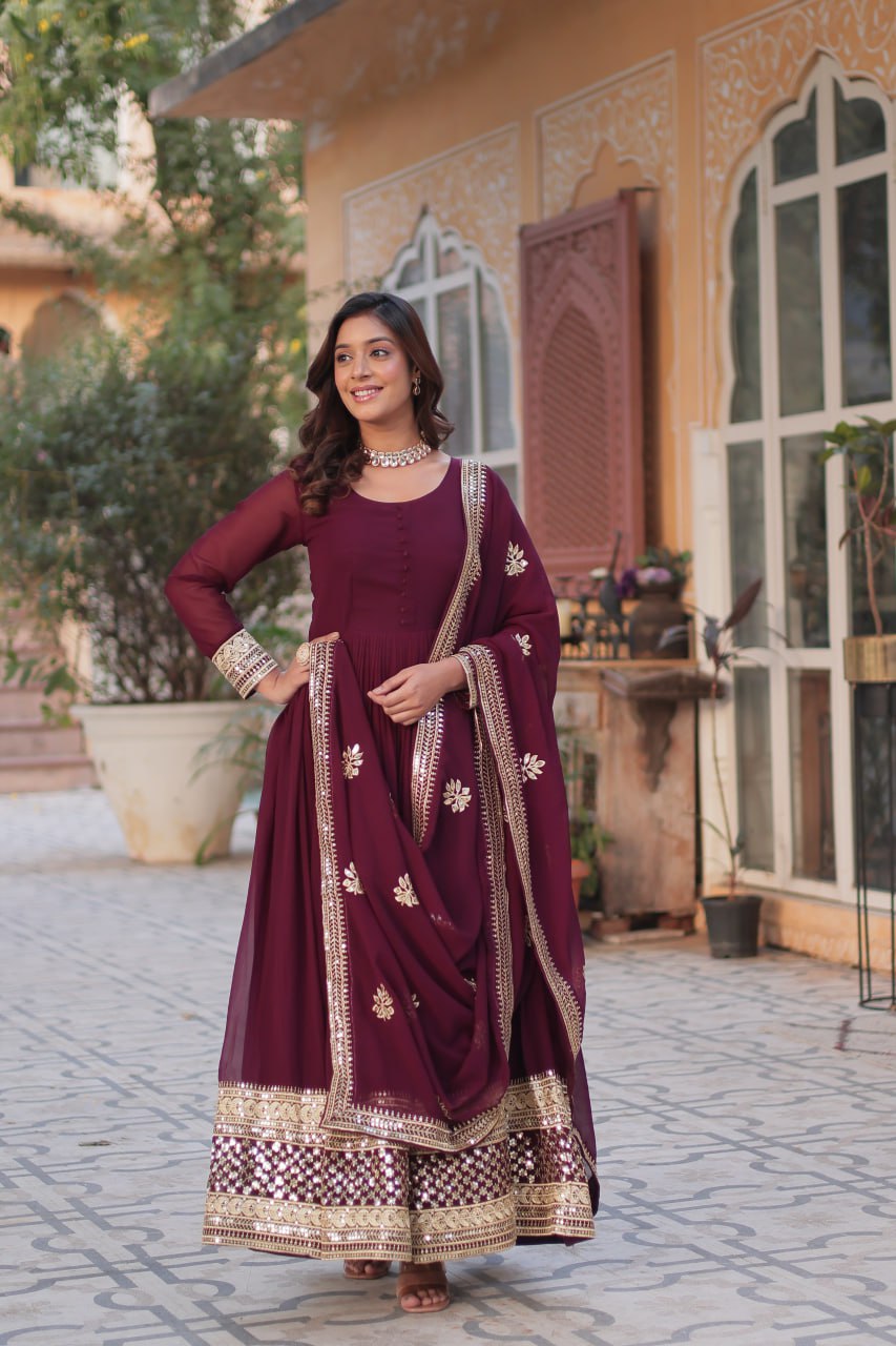 "Elegant Faux Blooming Embroidered Gown with Sequins & Designer Dupatta Set"