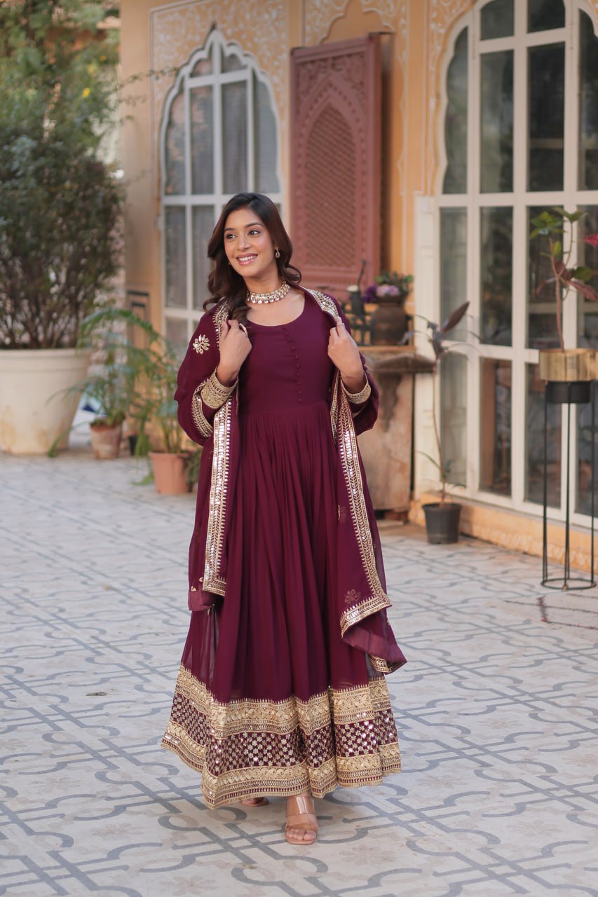 "Elegant Faux Blooming Embroidered Gown with Sequins & Designer Dupatta Set"