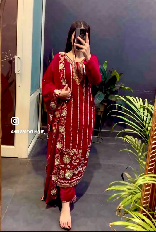 Premium Velvet Embroidered Top & Bottom Set