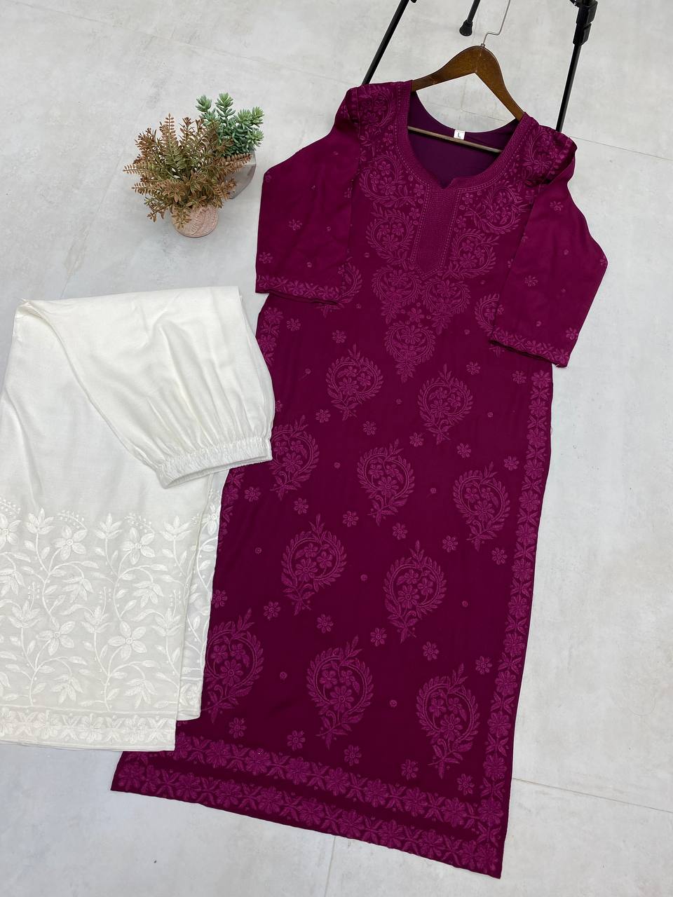 "Elegant Rayon Embroidered Top and Plazo Set with Silk Inner"