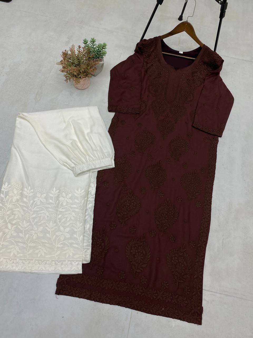 "Elegant Rayon Embroidered Top and Plazo Set with Silk Inner"