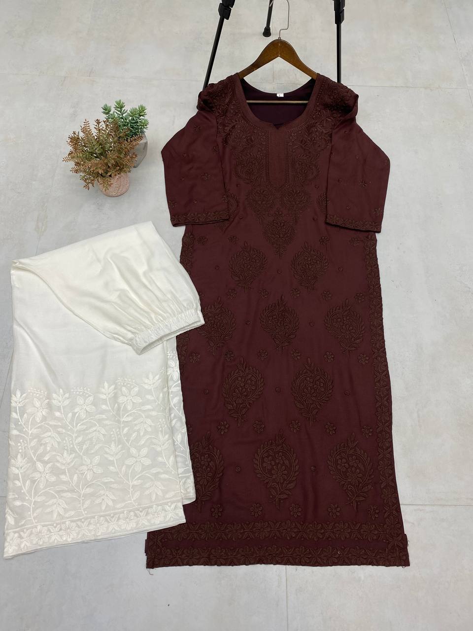 "Elegant Rayon Embroidered Top and Plazo Set with Silk Inner"