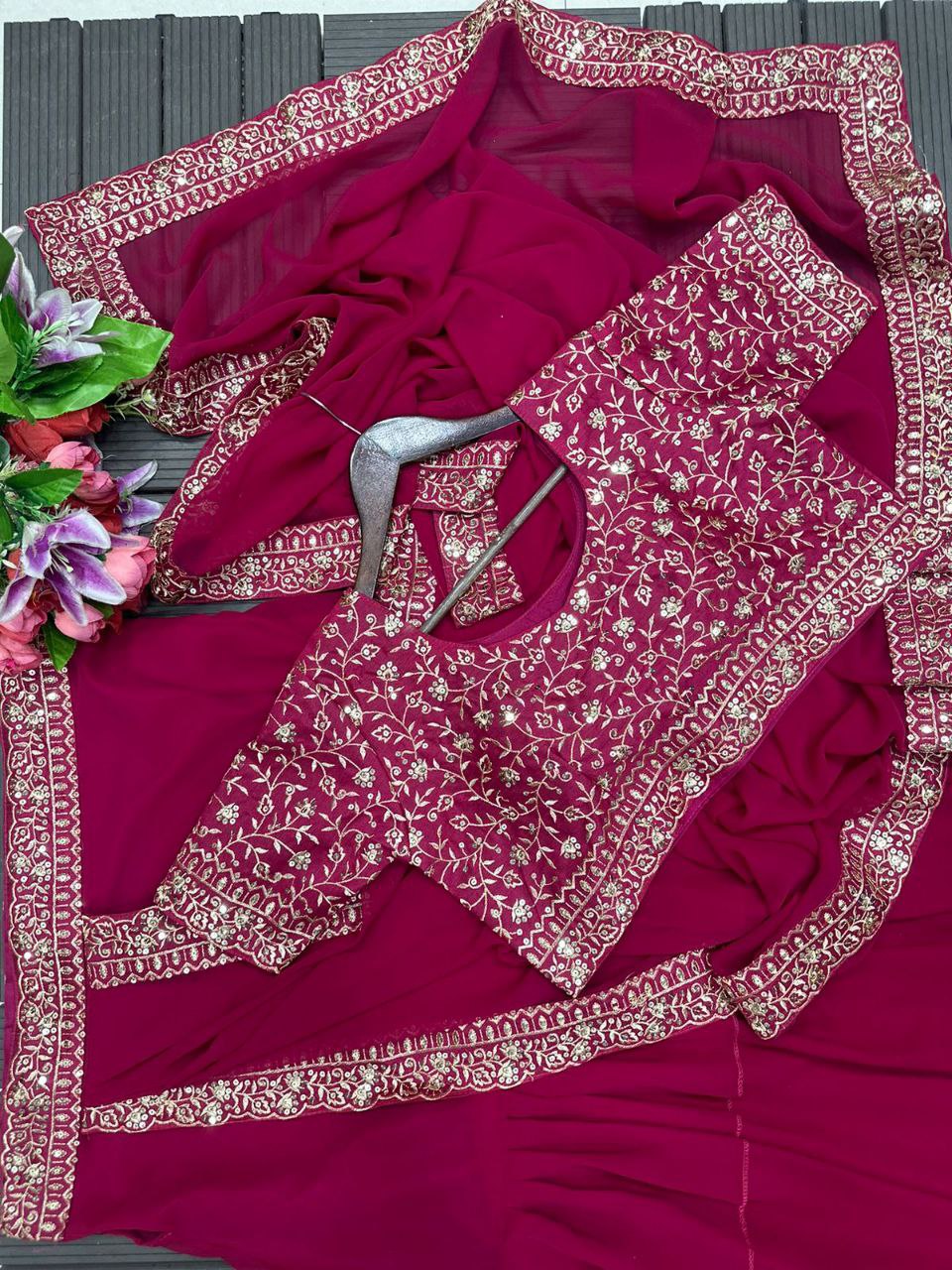 "Elegant Heavy Georgette Lehenga Saree with 3-Layer Ruffle Work & Dupatta"