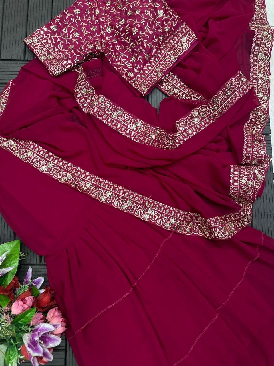 "Elegant Heavy Georgette Lehenga Saree with 3-Layer Ruffle Work & Dupatta"