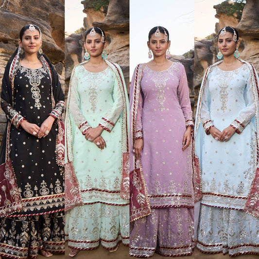 "Elegant Foux Gorgette Sharara Set with Intricate Thread and Sequence Work"