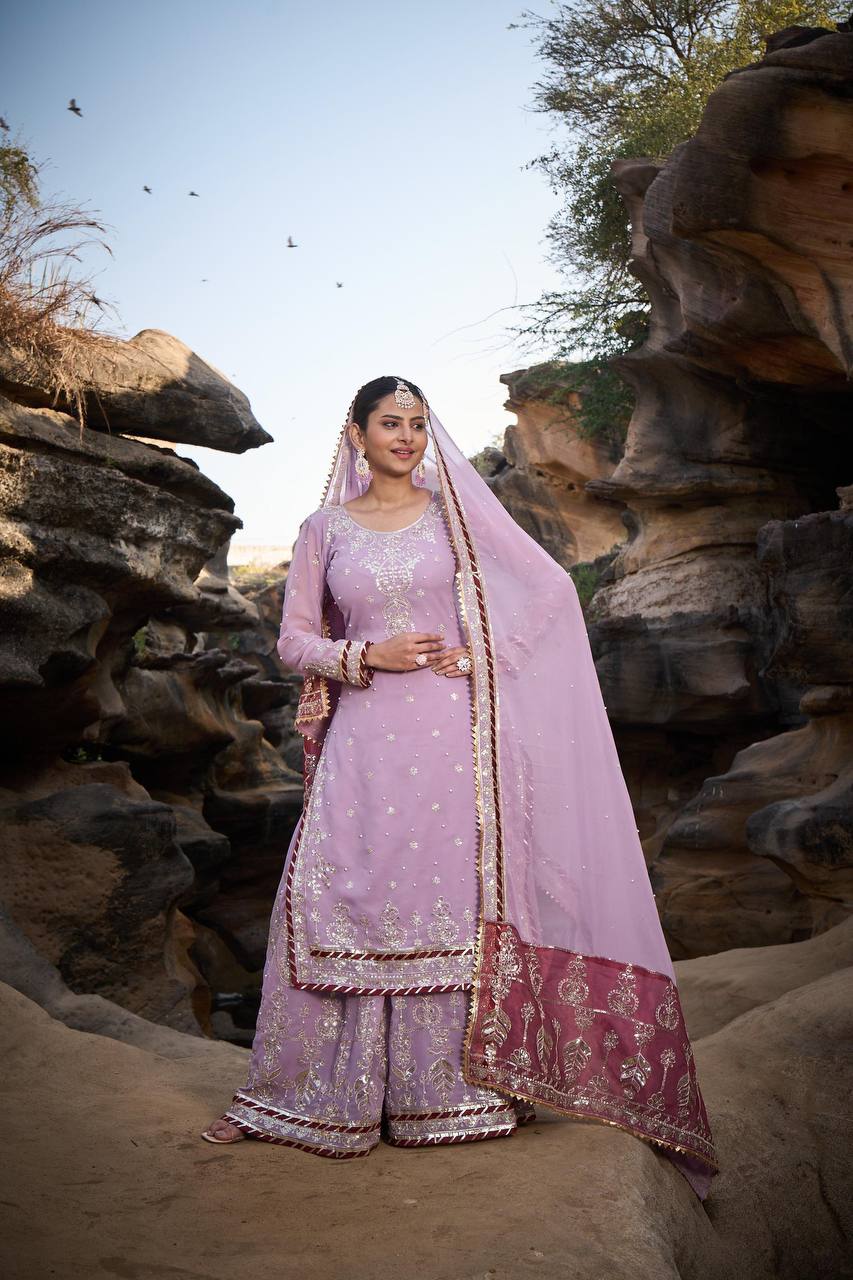 "Elegant Foux Gorgette Sharara Set with Intricate Thread and Sequence Work"