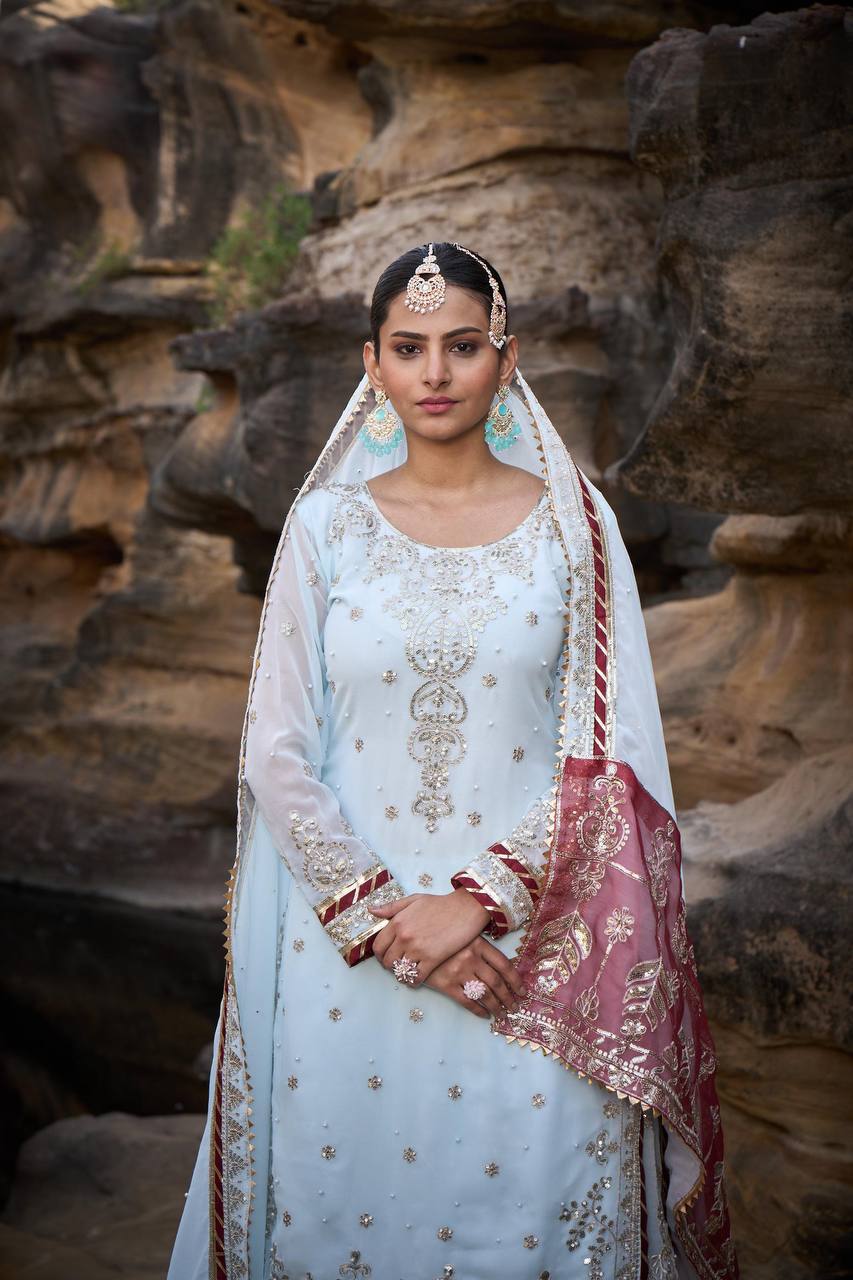 "Elegant Foux Gorgette Sharara Set with Intricate Thread and Sequence Work"