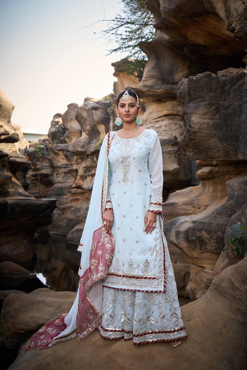 "Elegant Foux Gorgette Sharara Set with Intricate Thread and Sequence Work"