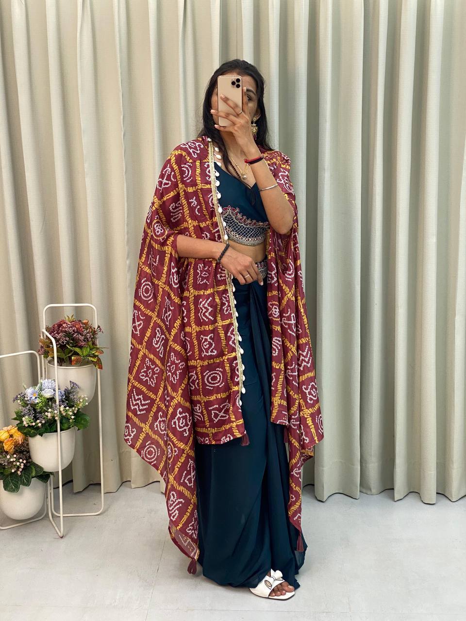 "Elegant Chinon Koti with Star Georgette Dhotis & Embroidered Blouse – Complete Set with Lace & Sequence Detailing"