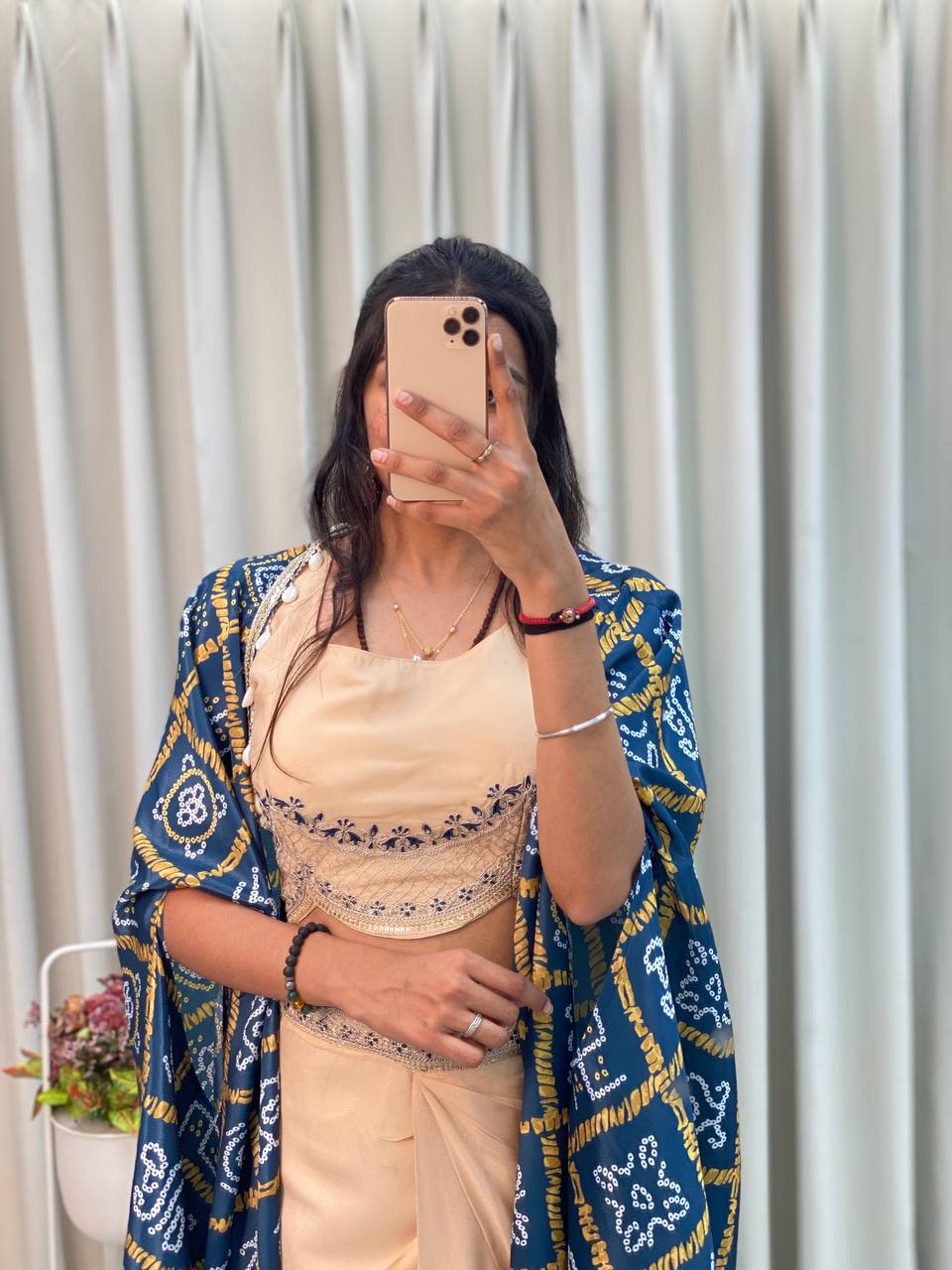 "Elegant Chinon Koti with Star Georgette Dhotis & Embroidered Blouse – Complete Set with Lace & Sequence Detailing"