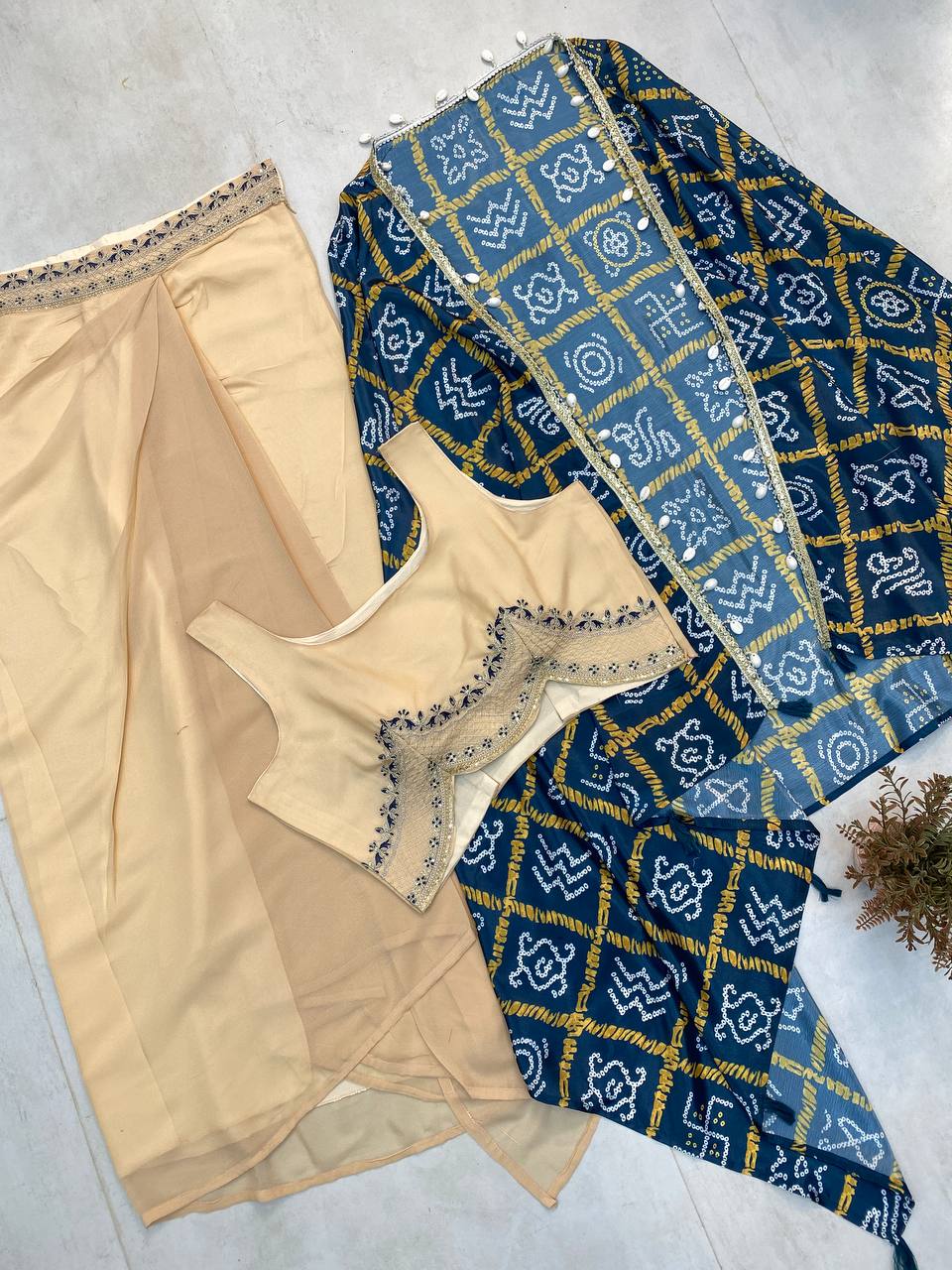 "Elegant Chinon Koti with Star Georgette Dhotis & Embroidered Blouse – Complete Set with Lace & Sequence Detailing"