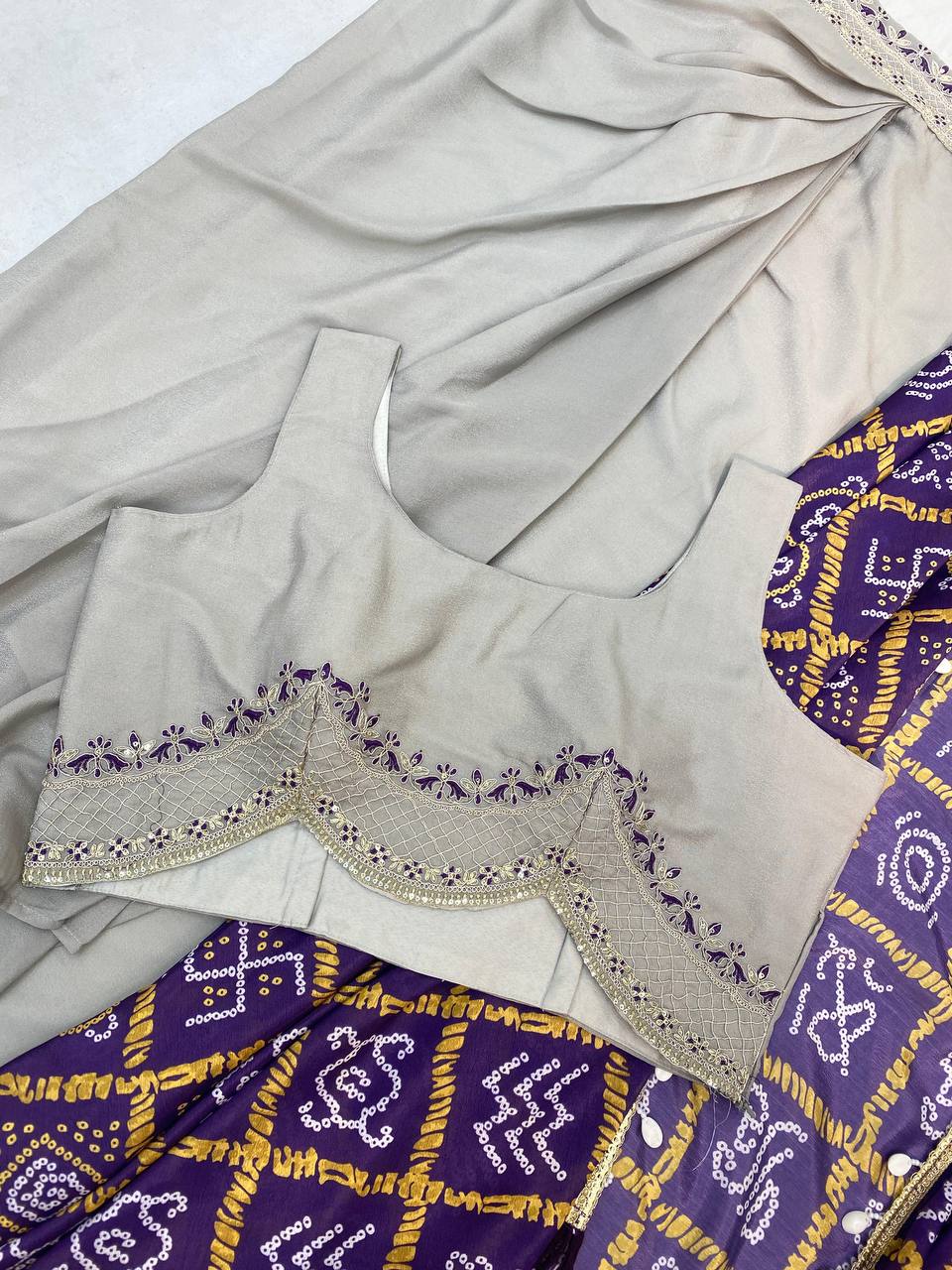 "Elegant Chinon Koti with Star Georgette Dhotis & Embroidered Blouse – Complete Set with Lace & Sequence Detailing"