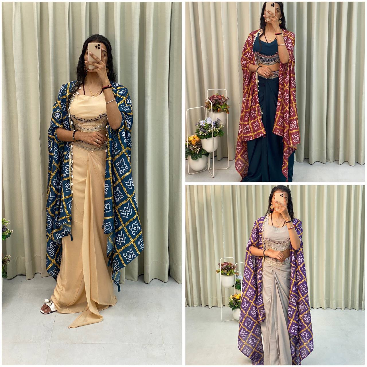 "Elegant Chinon Koti with Star Georgette Dhotis & Embroidered Blouse – Complete Set with Lace & Sequence Detailing"