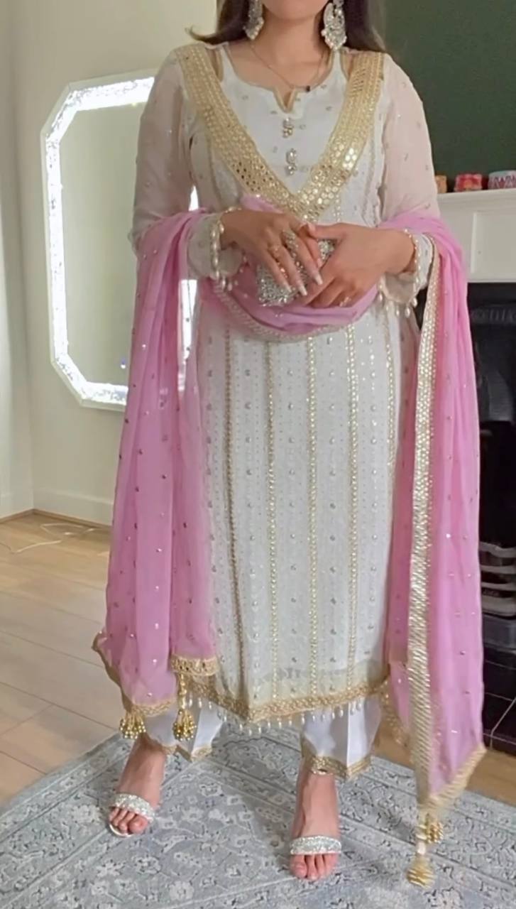 "Elegant Heavy Faux Georgette Embroidered Suit Set with Full Sleeves, Sequence Work, and Latkan Dupatta"