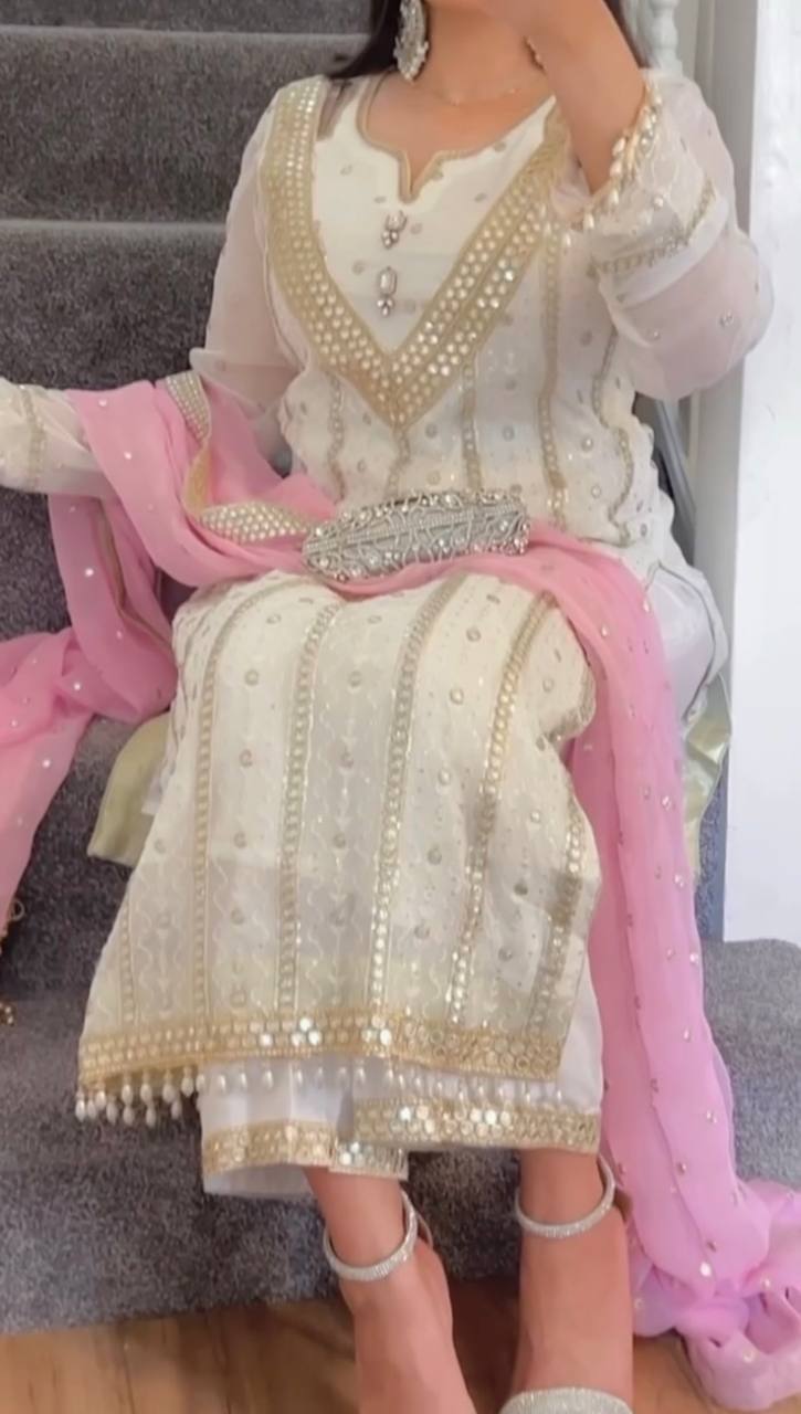 "Elegant Heavy Faux Georgette Embroidered Suit Set with Full Sleeves, Sequence Work, and Latkan Dupatta"