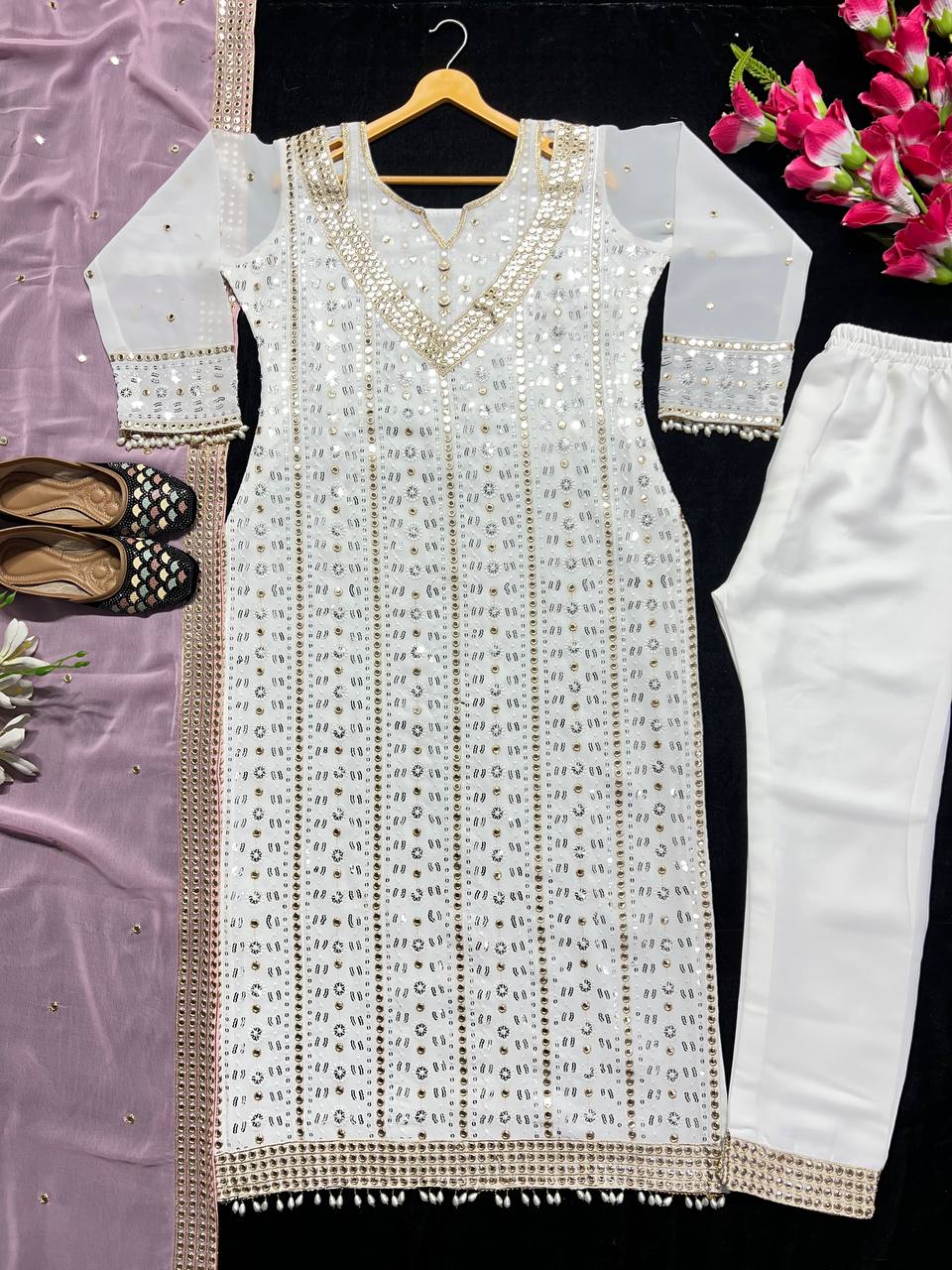 "Elegant Heavy Faux Georgette Embroidered Suit Set with Full Sleeves, Sequence Work, and Latkan Dupatta"