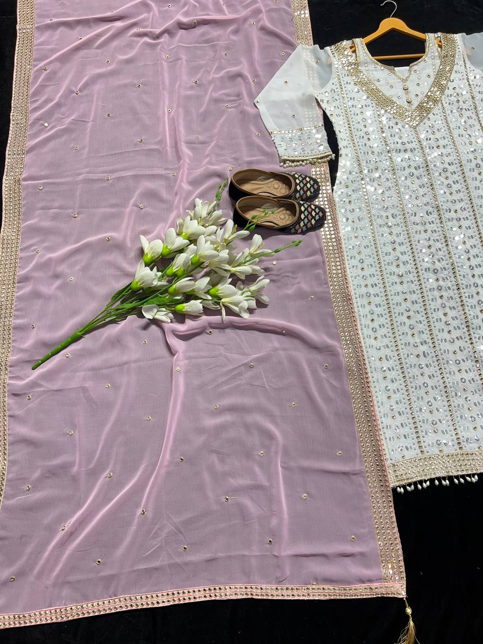 "Elegant Heavy Faux Georgette Embroidered Suit Set with Full Sleeves, Sequence Work, and Latkan Dupatta"