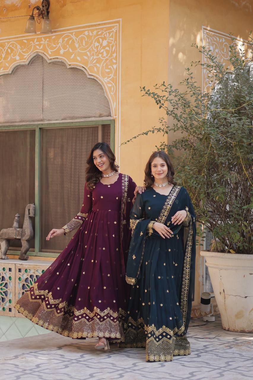 Elegant Faux Blooming Georgette Embroidered Gown Set with Dupatta