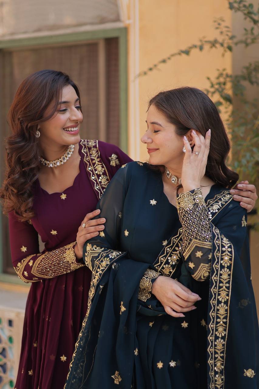 Elegant Faux Blooming Georgette Embroidered Gown Set with Dupatta