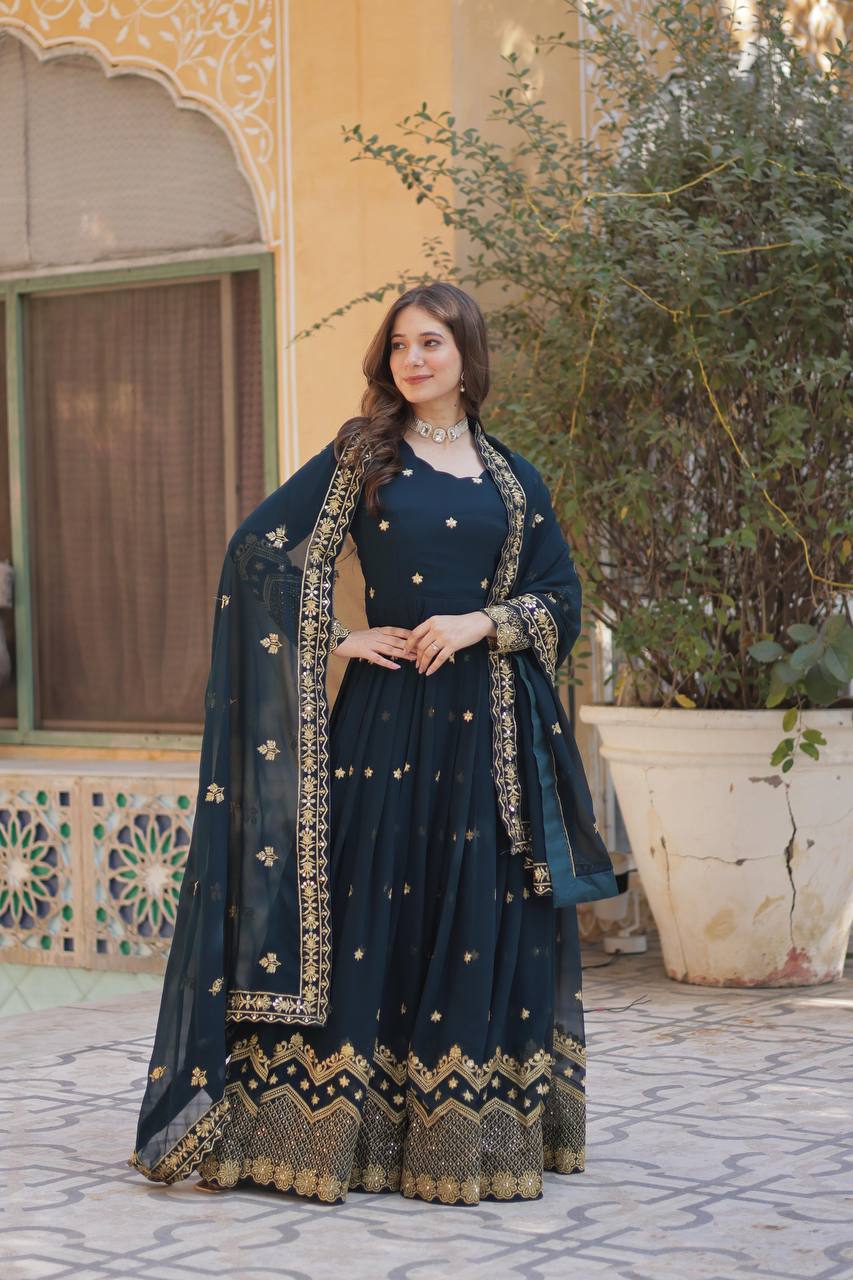 Elegant Faux Blooming Georgette Embroidered Gown Set with Dupatta
